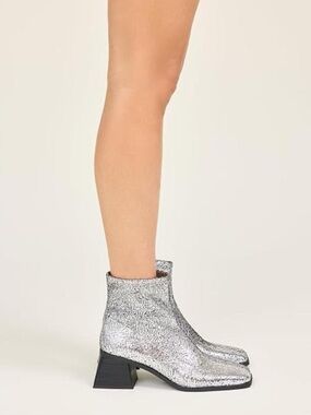 Katy Perry Lolette Silver Metallic Stretch Ankle Block Heel Boots NWOB